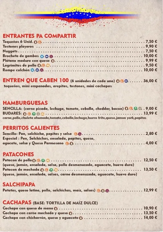 Carta de Budare's, página 1: entrantes, hamburguesas, perritos, patacones, salchipapa y cachapas con precios